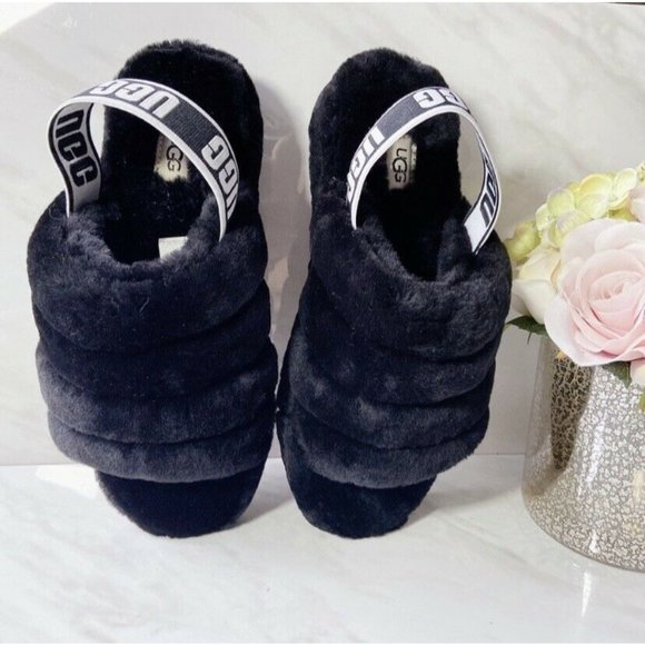 UGG Fluff Yeah Genuine Shearling Platform Slingback Sandal Slide Black US 7 - Picture 7 of 10